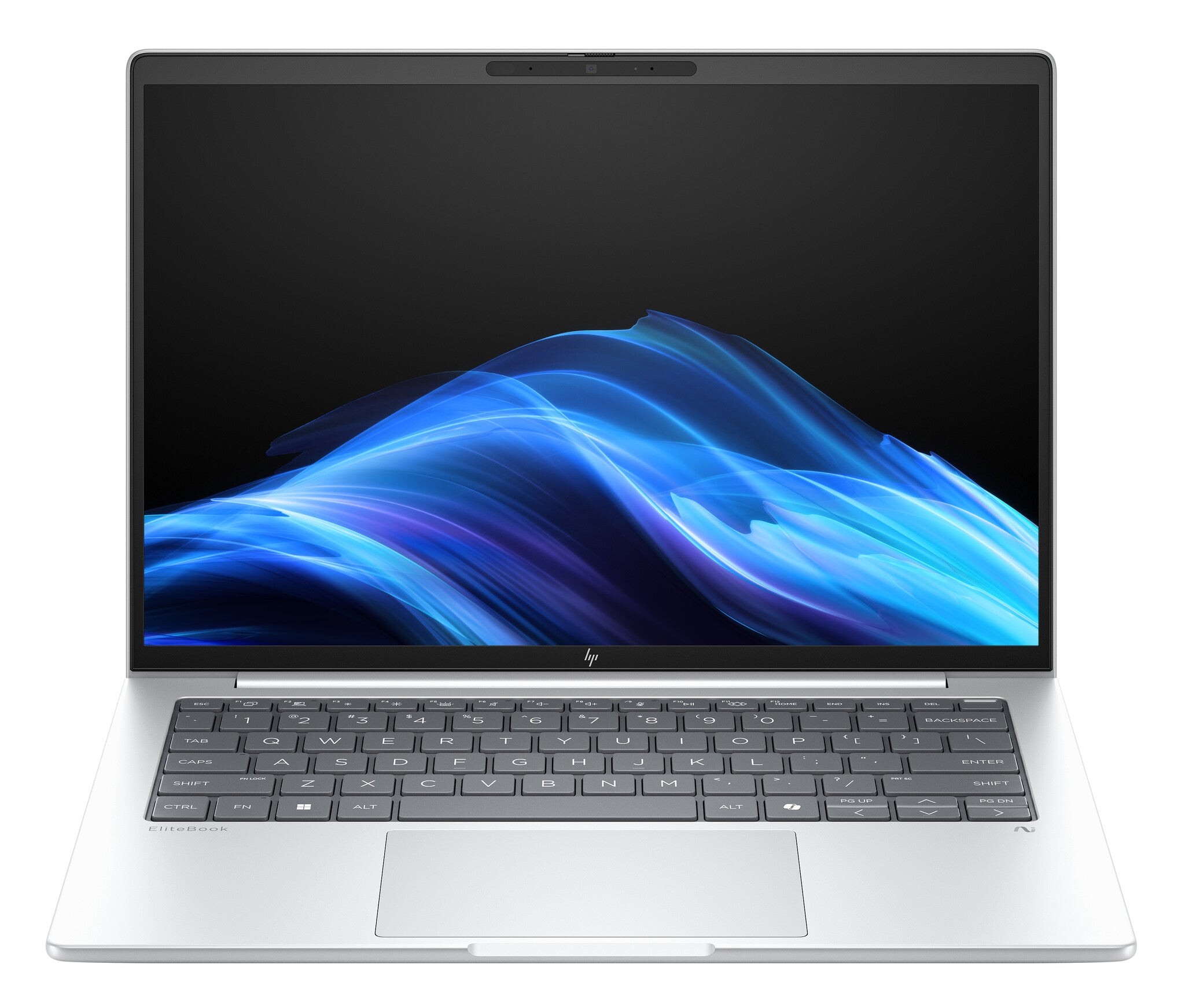 Sleek silver HP EliteBook laptop with a 14" WUXGA display, featuring a backlit keyboard, AMD Ryzen 5 processor, 16 GB DDR5 RAM, and 512 GB SSD, running Windows 11.