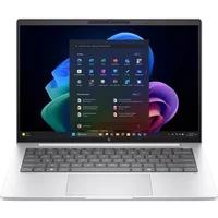 Silver HP EliteBook laptop, 14-inch display, sleek design, backlit keyboard, Windows 11 interface visible.