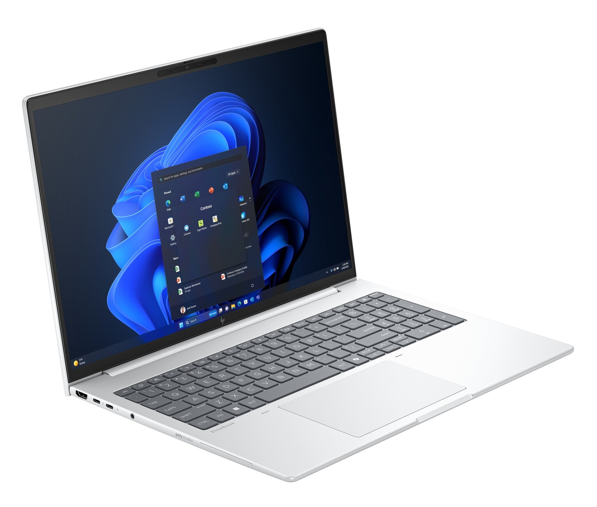 Sleek silver HP EliteBook 8 G1i laptop with a 16-inch display, featuring a minimalist design, backlit keyboard, and Windows interface on the screen.