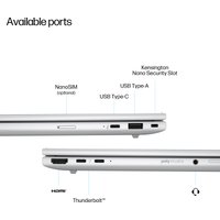 Silver HP EliteBook 8 G1i AI PC with multiple ports including USB-C, USB-A, HDMI, Thunderbolt, and NanoSIM slot.