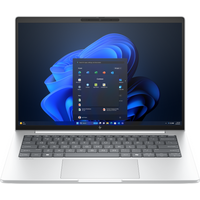 Silver HP EliteBook 8 G1i laptop with 14-inch display, backlit keyboard, and Windows 11 Pro interface.