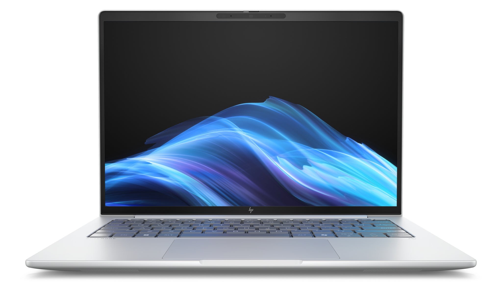 Sleek silver HP EliteBook 8 G1i laptop with a 14-inch display, featuring a vibrant 1920 x 1200 resolution, illuminated keyboard, and Intel Core Ultra 7 processor.