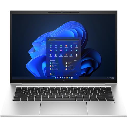 Silver HP EliteBook 840 G10 laptop with a 14" WUXGA display, featuring an Intel Core i5 processor, 16 GB DDR5 RAM, 512 GB SSD, and Windows 11 Pro interface on screen.