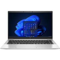 Silver HP EliteBook 840 G7 laptop with black keyboard, 14-inch display, and Windows interface visible.