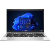 Silver HP EliteBook 840 G7 laptop with black keyboard, 14-inch display, and Windows interface on screen.