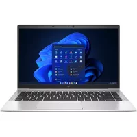 Silver HP EliteBook 840 G8 laptop, 14" screen, Windows 11 Pro, black keyboard, slim design, refurbished.