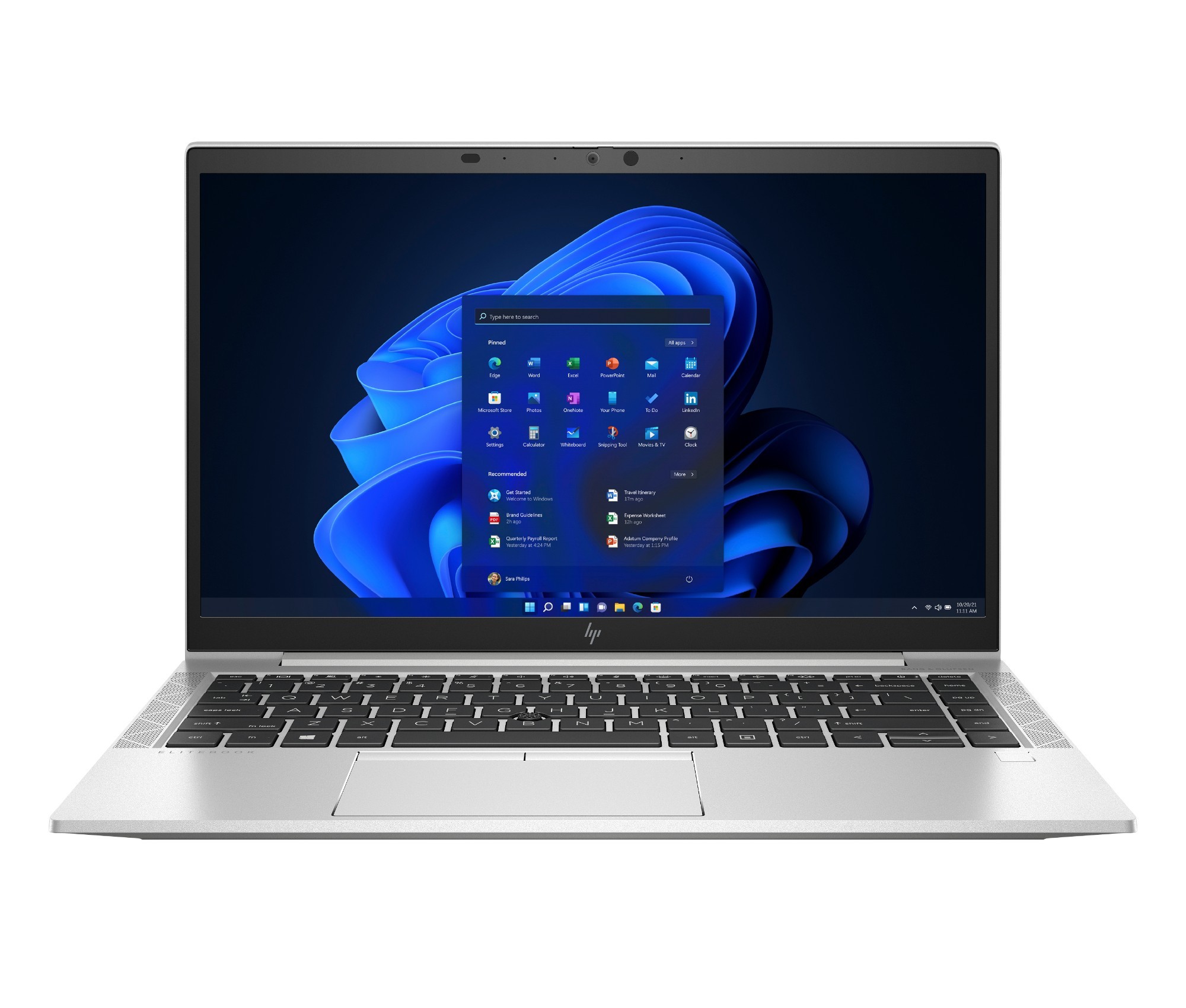 Silver HP EliteBook 840 G8 laptop with a 35.6 cm display, featuring a sleek design, backlit keyboard, and Windows 11 interface visible on the screen.