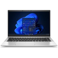 Silver HP EliteBook 840 G8 laptop with 14-inch display, black keyboard, and Windows interface on screen.