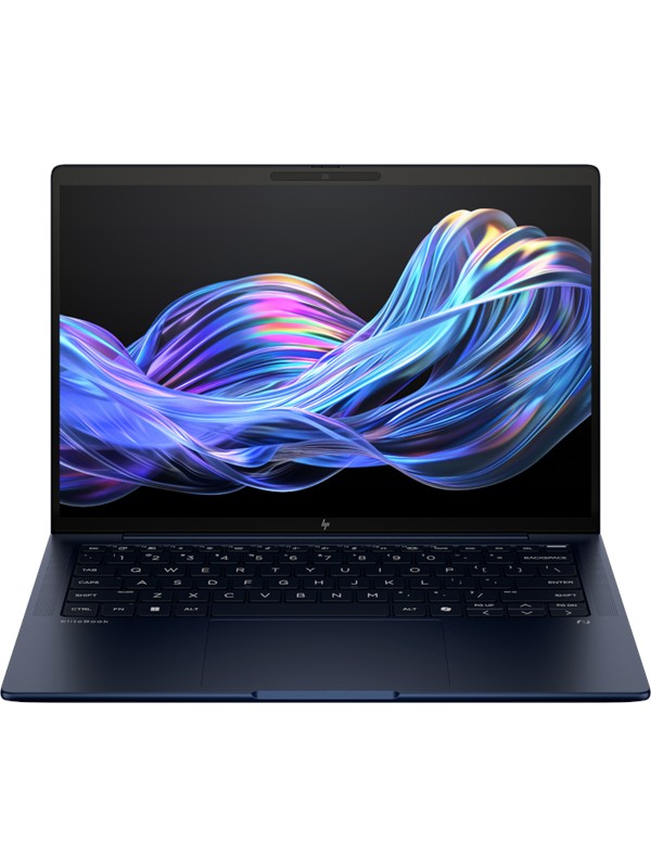 HP EliteBook X laptop with a sleek navy blue design, 14-inch touchscreen display, and illuminated keyboard, featuring Intel Core Ultra 7, 32GB RAM, and 1TB SSD.