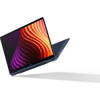 HP EliteBook X Flip G2i 14" notebook, sleek black design, vibrant screen with red and purple wave pattern.