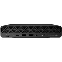 Black HP EliteDesk Mini PC with diamond-patterned front, multiple ports, and power button on the front panel.