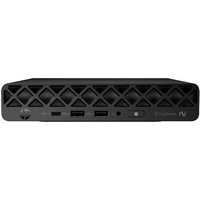 Black HP EliteDesk mini PC with diamond-patterned front, power button, USB ports, and Ryzen logo.