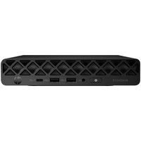 Black HP EliteDesk 8 Mini PC with diamond-patterned front, multiple ports, and power button on the left.