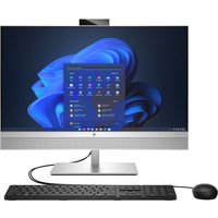 HP EliteOne 870 G9 desktop, 27" screen, silver stand, black keyboard and mouse, Windows interface displayed.