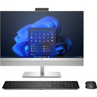 HP EliteOne 870 G9 all-in-one PC with 27" display, silver stand, black keyboard, and mouse, Windows interface visible.