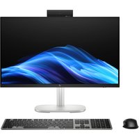 HP EliteStudio 8 All-in-One PC, 23.8" display, slim bezel, silver stand, keyboard, and mouse included.