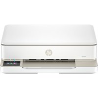 White HP ENVY 6132e wireless printer with touchscreen and paper tray, compact design.