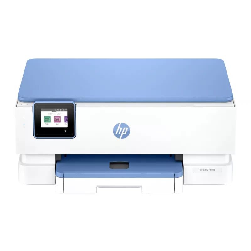 HP Envy 7231 wireless all-in-one color printer in white and light blue, featuring a touchscreen display and a front paper tray for easy access.