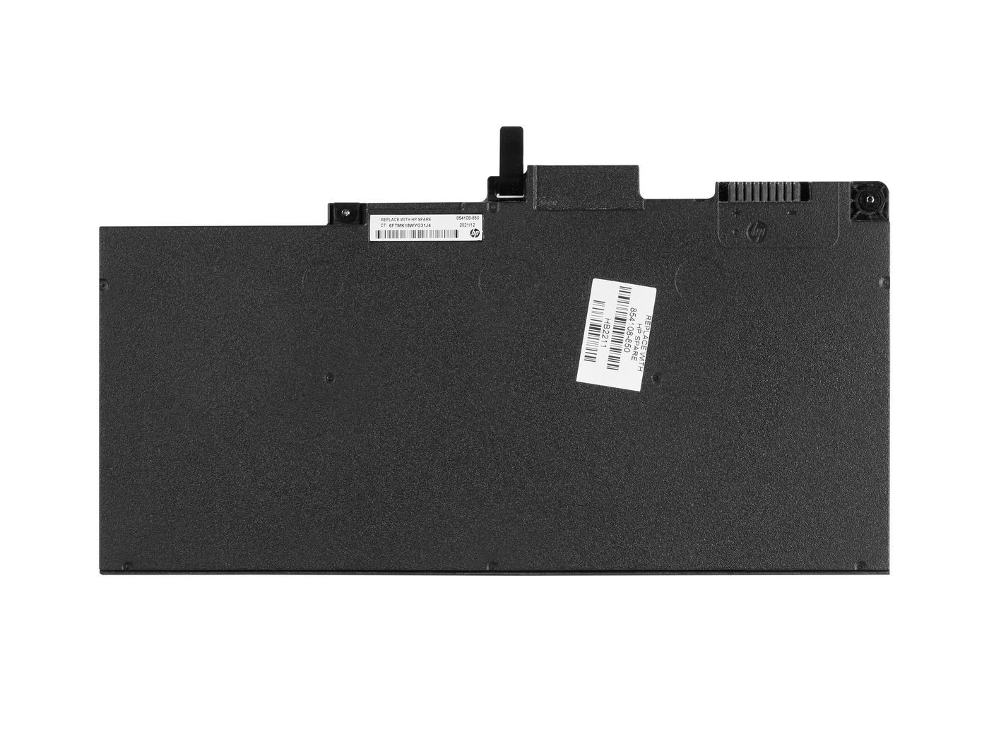 Black, rectangular laptop battery with three cells, featuring a label with barcodes and a connector on one side for installation in HP devices.