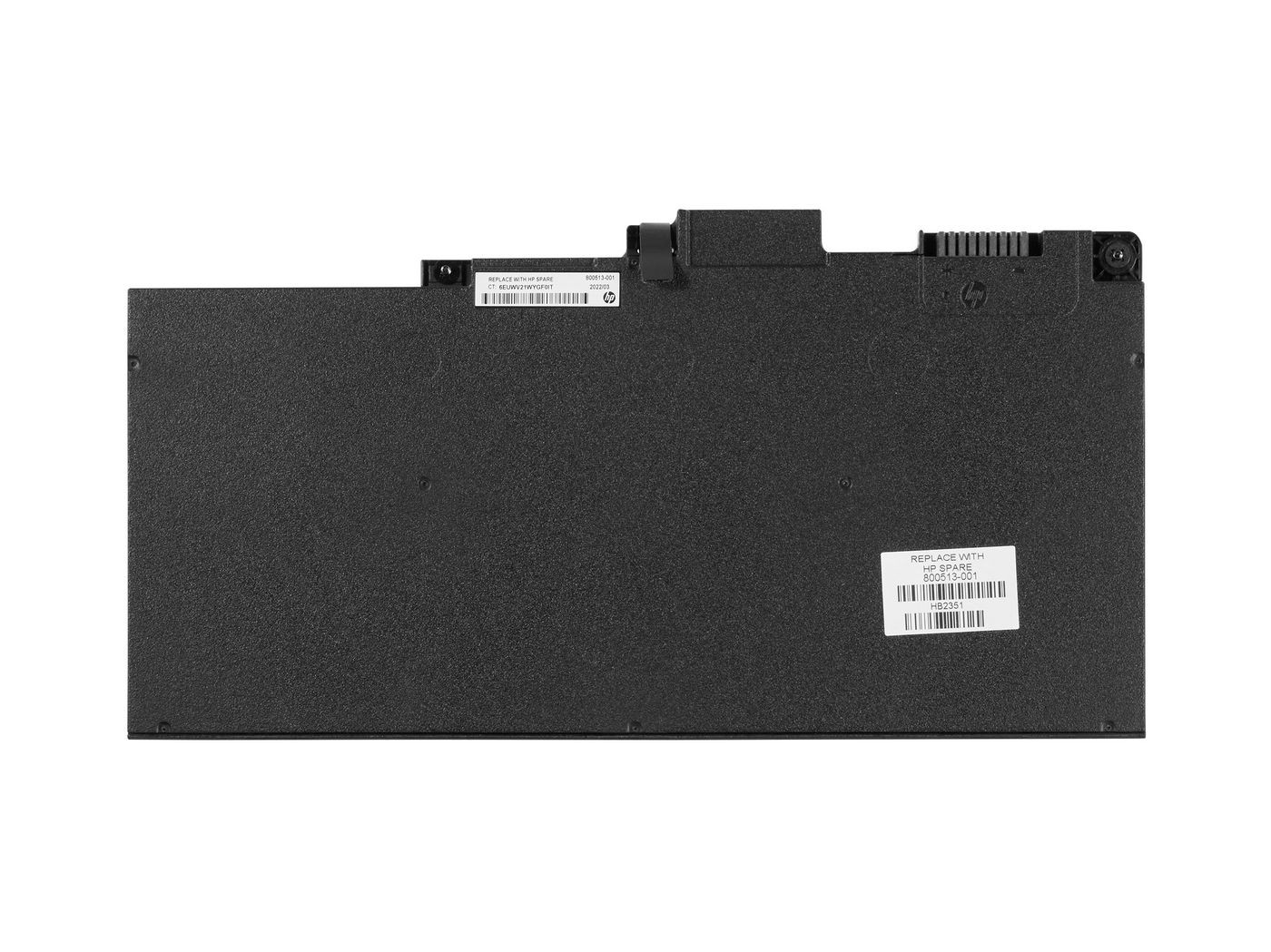 Black 3-cell battery for HP laptops, featuring a sleek design with labels and a connector port on one side, ideal for replacing worn-out batteries.