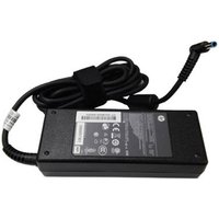 Black HP 90W Smart AC Adapter with 4.5mm connector, coiled cable, and rectangular power brick with label.