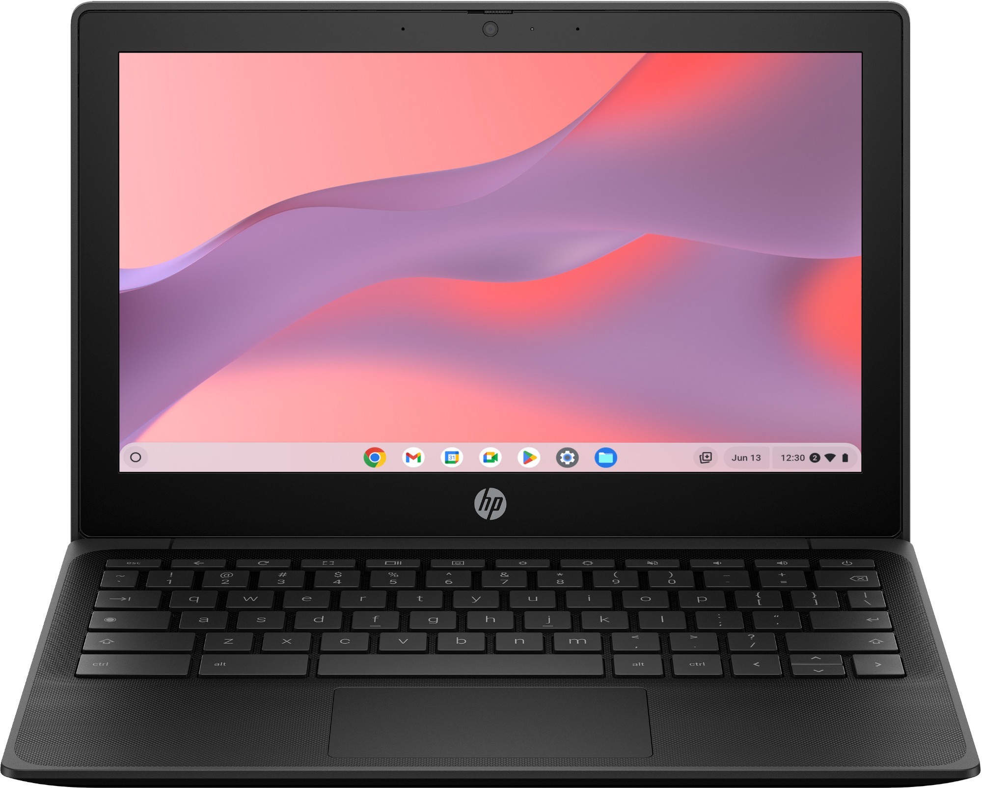 Black HP Fortis G1m Chromebook with an 11.6-inch touchscreen display, featuring a sleek design, a full keyboard, and ChromeOS interface.