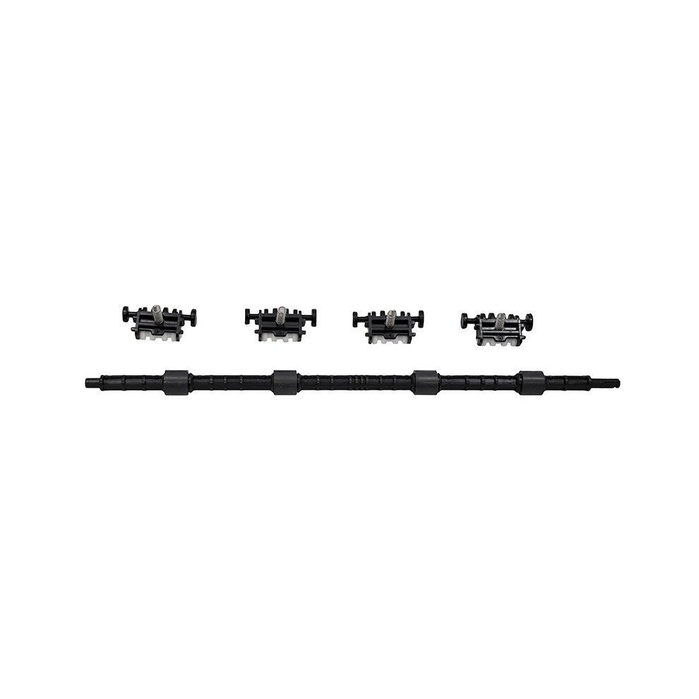Black HP fuser roller with four gray mounting brackets, designed for printer maintenance, featuring a smooth cylindrical surface and durable plastic construction.