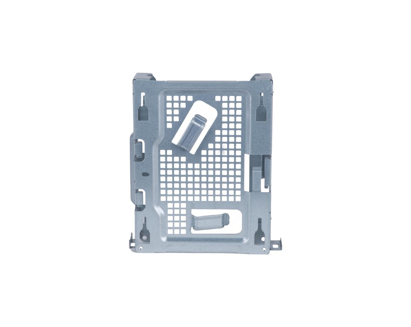 Silver metal hard drive carrier with a perforated design, featuring mounting brackets and a rectangular shape, designed for 3.5-inch HDDs.