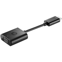 Black HP HDMI to VGA adapter with short cable, HDMI connector, and VGA port, featuring HP logo on the VGA end.