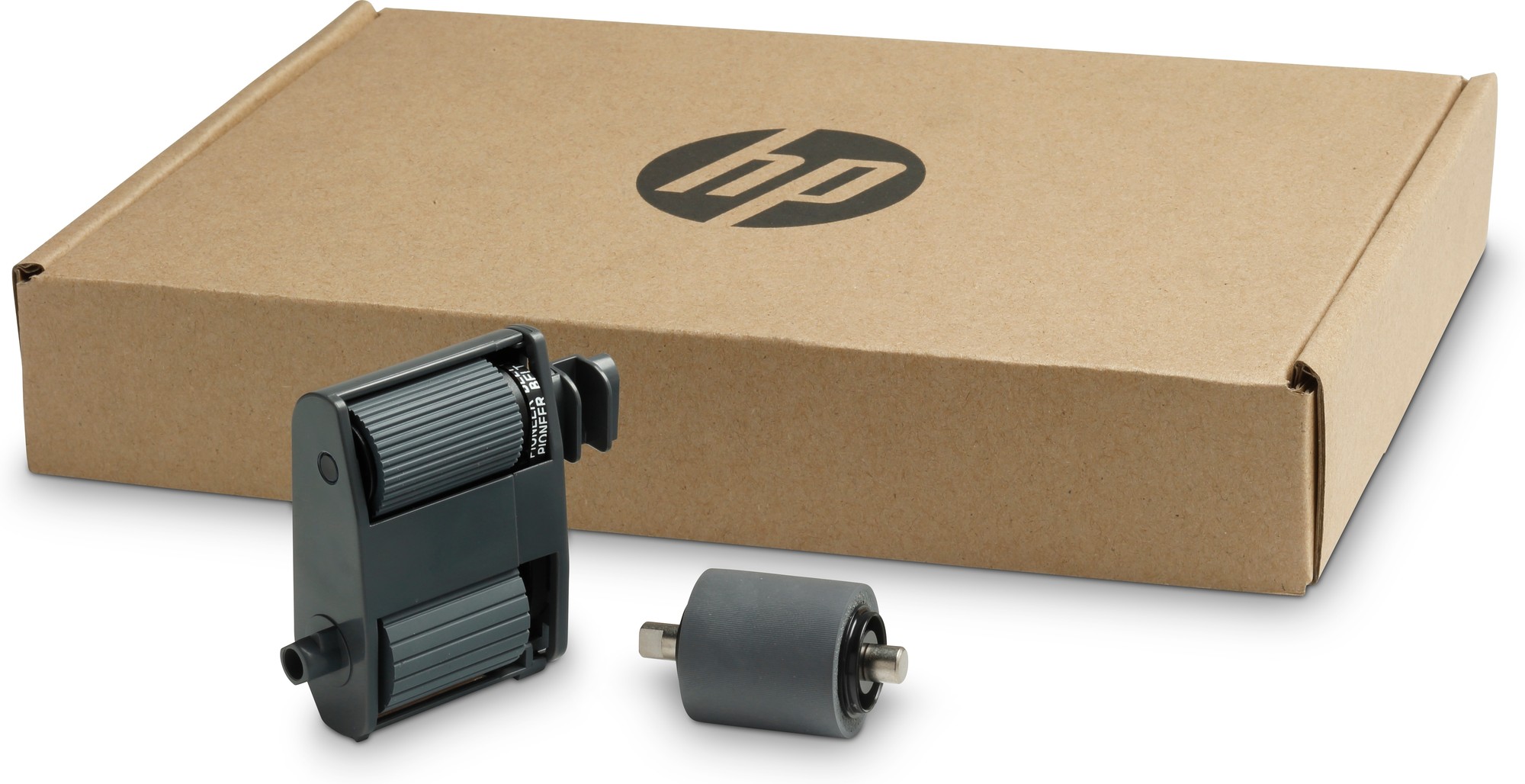 Black maintenance kit components for HP printers, including a roller and a separator pad, packaged in a brown cardboard box with the HP logo.