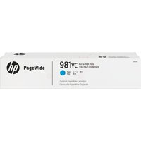 White HP PageWide 981YC cyan ink cartridge box with black text and blue dot.