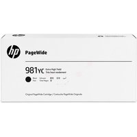 White HP 981YC ink cartridge box with black text and logo, labeled "Extra High Yield" for 21K pages, 345ml capacity.