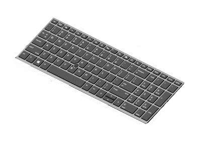 Black laptop keyboard with a sleek design, featuring a standard QWERTY layout, low-profile keys, and a silver frame, suitable for HP laptops.