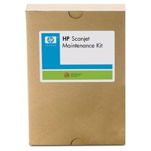 Brown cardboard box labeled "HP Scanjet Maintenance Kit," featuring a blue and green logo, designed for HP Officejet X 555, with a capacity of 100,000 pages.