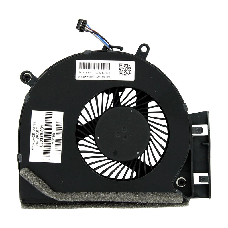 Black laptop fan with a circular design, featuring a prominent central fan blade, adhesive padding, and a connector wire, labeled with service and replacement information.