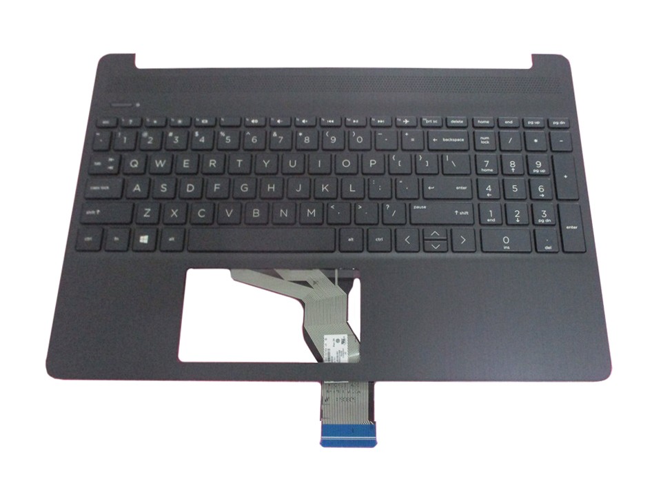 Black laptop keyboard cover with a built-in touchpad, featuring a standard QWERTY layout and a connector cable for installation.