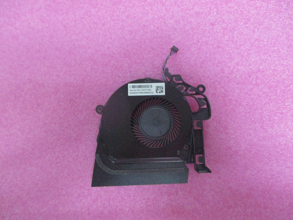 Black HP L68840-001 laptop spare part fan with a circular vent, featuring a barcode label and a connector cable, set against a pink background.