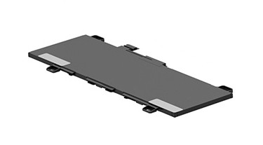 Black rectangular laptop battery with a smooth plastic surface, featuring two silver contact points and clip attachments on the sides.