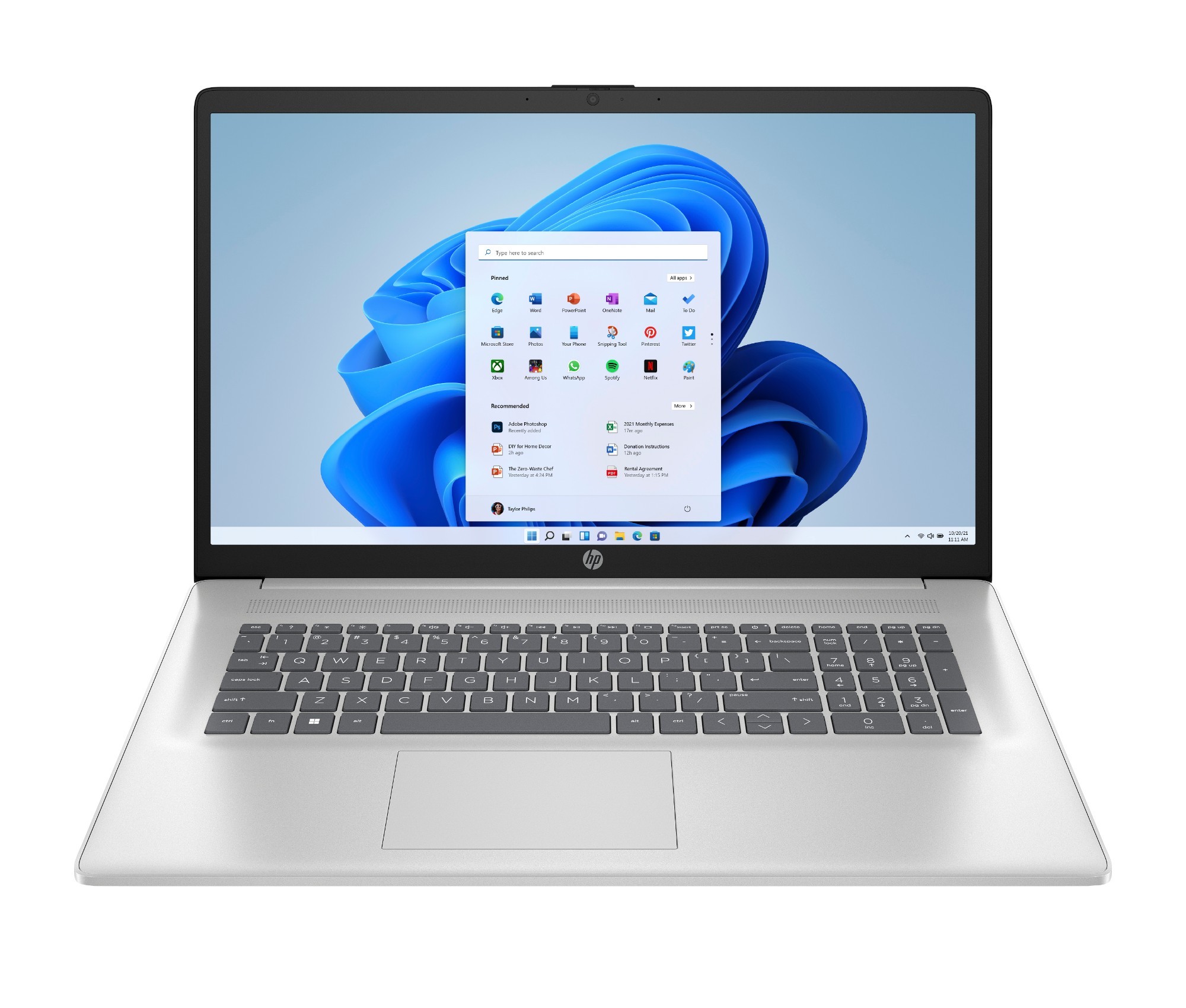 HP 17-cn3007na laptop featuring a 17.3" Full HD display, sleek silver chassis, and a full keyboard with a numeric keypad, running Windows 11.