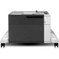 HP LaserJet 1x500-sheet feeder with black cabinet, white stand, and wheels for mobility.