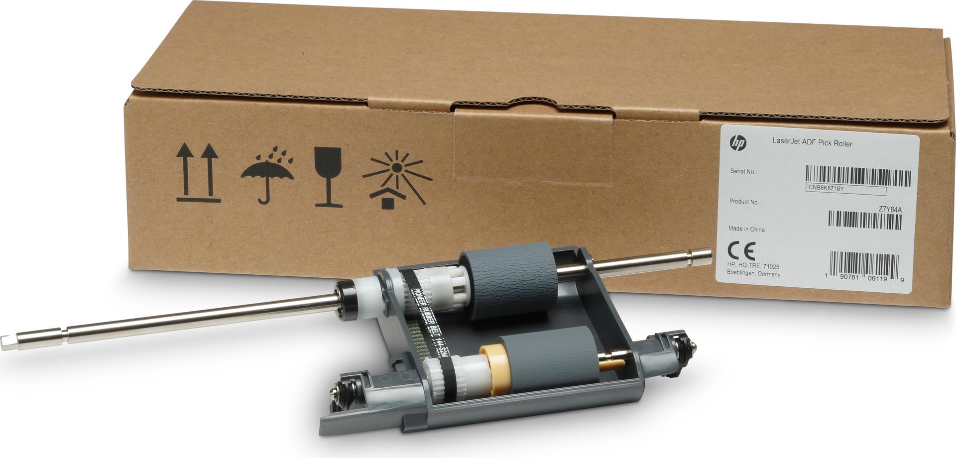 HP LaserJet ADF Pick Roller in gray and yellow, made of durable plastic, with a metal shaft, displayed alongside a brown cardboard box featuring shipping icons.
