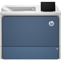 HP LaserJet Enterprise Color 6701dn Printer, white and blue with touchscreen and HP logo on front panel.