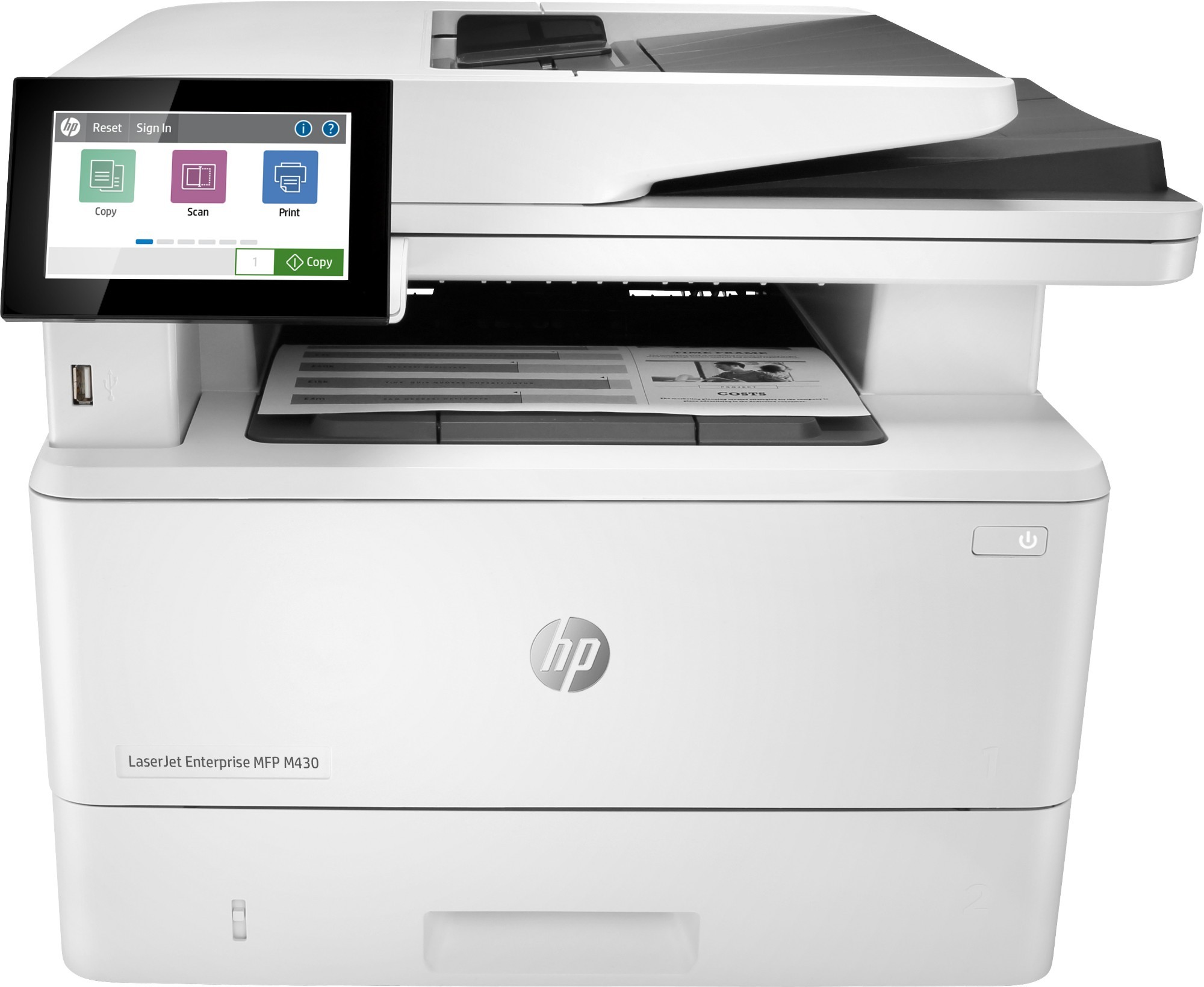 White HP LaserJet Enterprise M430f multifunction printer with a touchscreen display, featuring copy, scan, and print functions, and a sleek design with a paper tray.