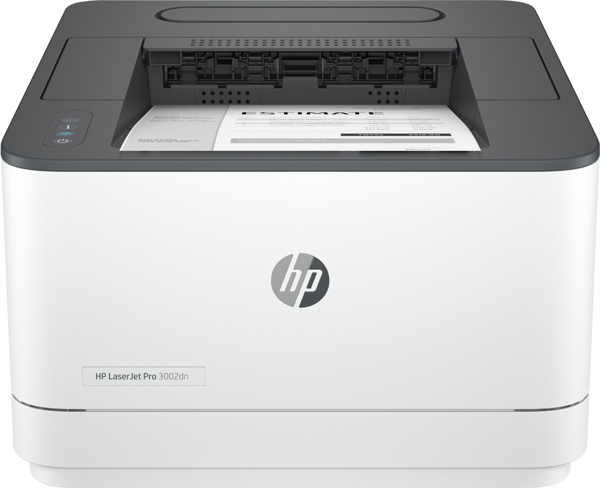 HP LaserJet Pro 3002dn printer in white and gray, featuring a top control panel with buttons, a front paper output tray, and a sleek, compact design for efficient black and white printing.
