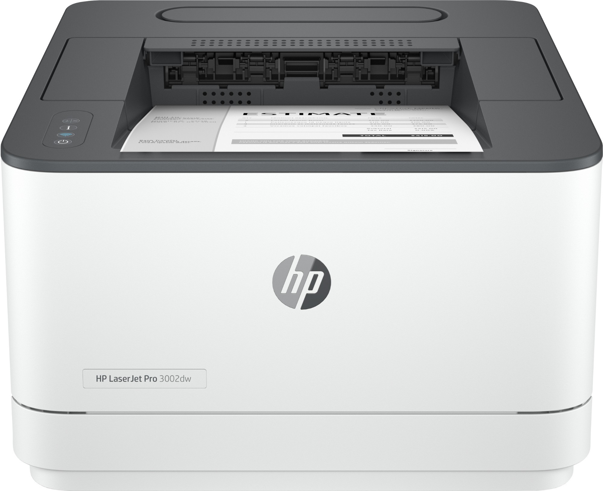 HP LaserJet Pro 3002dw wireless black and white printer in white and gray, featuring a top control panel with buttons, a paper output tray, and a sleek, compact design.