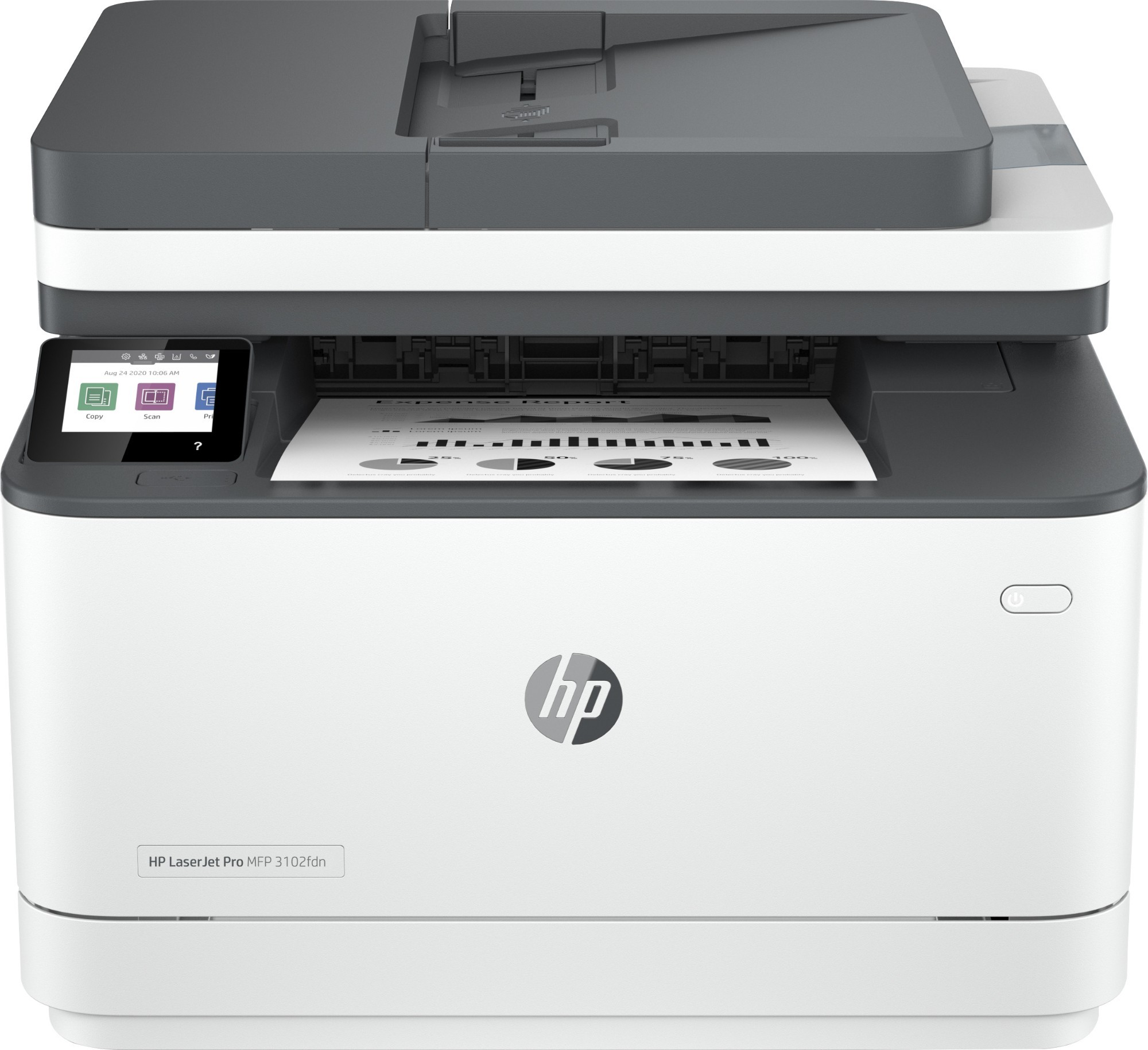 HP LaserJet Pro 3102fdn multifunction printer in white and gray, featuring a touchscreen display, document feeder, and black and white printing capabilities.