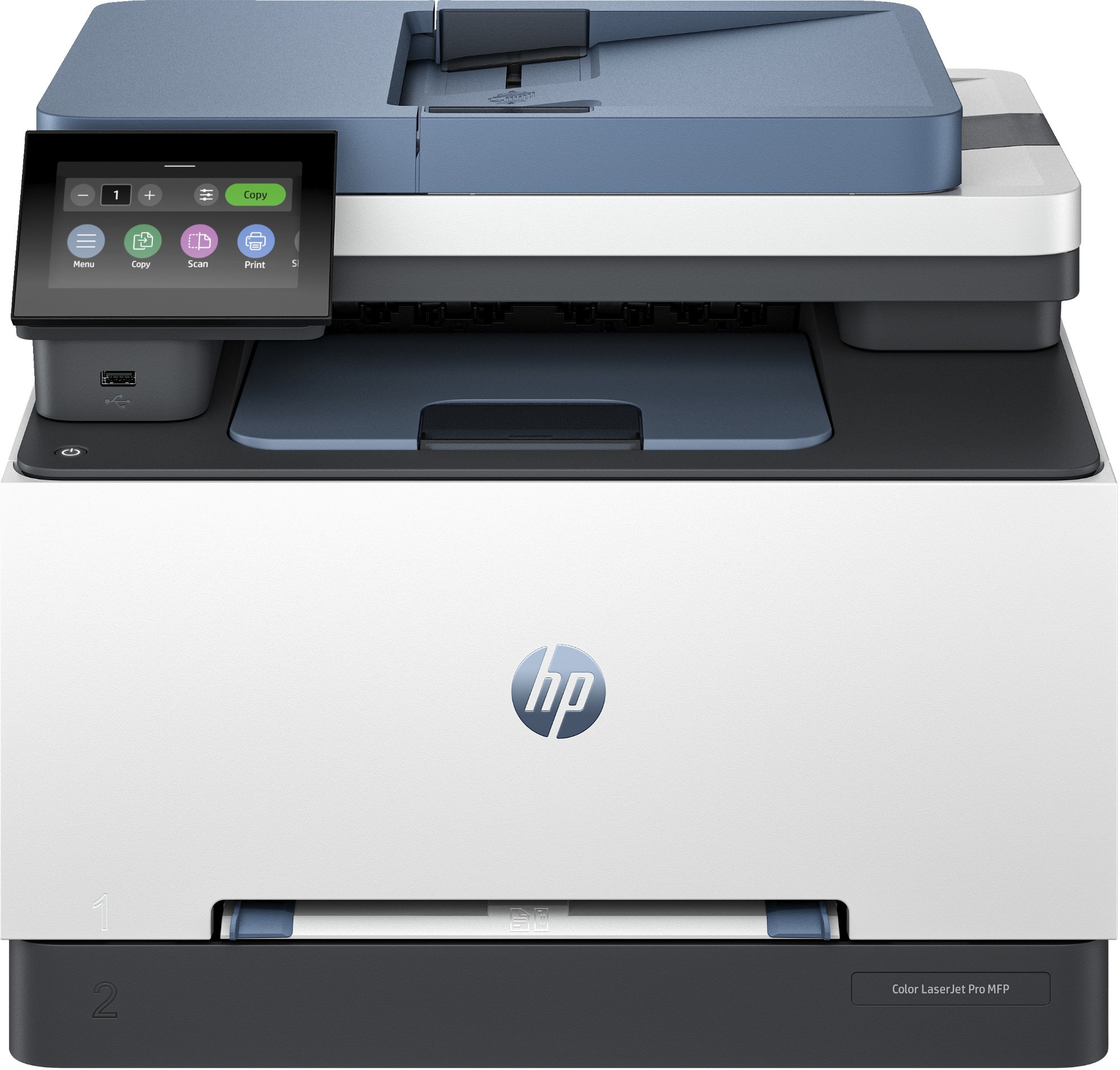 HP LaserJet Pro 3302fdw wireless multifunction color printer featuring a sleek white and gray design, touchscreen control panel, and capabilities for printing, copying, and scanning.