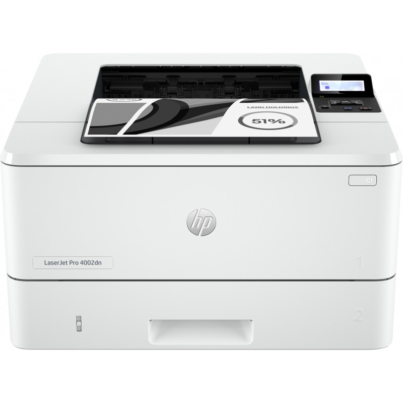 White HP LaserJet Pro 4002dn printer featuring a top-loading paper tray, control panel with display, and sleek design, ideal for efficient black-and-white printing.