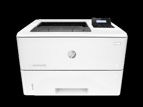 White HP LaserJet Pro M501dn printer with a compact design, featuring a control panel on the right, a paper tray on top, and a prominent HP logo on the front.