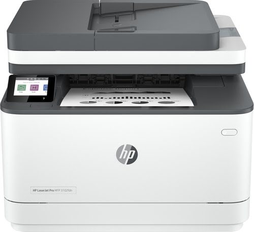 HP LaserJet Pro MFP 3102fdn is a compact, white and gray 4-in-1 mono laser printer featuring a touchscreen control panel and automatic document feeder.
